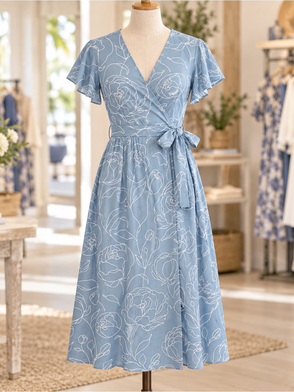 Happy Earth isla garden rose Blue Floral Wrap Midi Dress with Tie Waist new